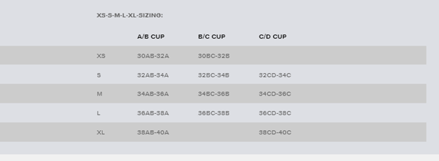 New balance bra size sales chart