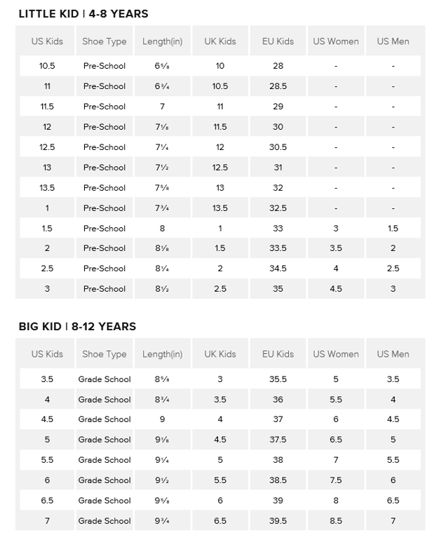 New Balance Kids Shoes Size Chart